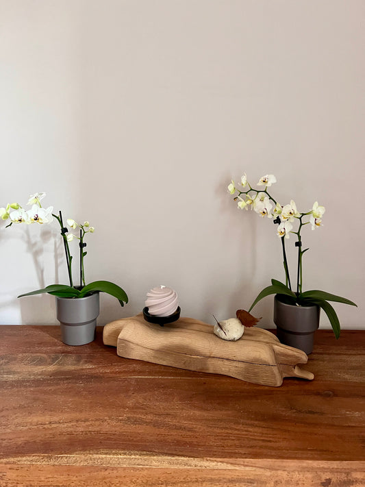 Kerzenständer aus geschliffenem Eichenholz auf Metallplatte mit Keramikherz und Rostflügeln und Designkerze