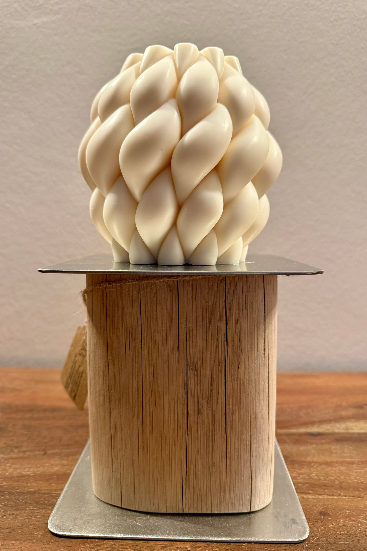 Kerzenständer aus Eichenholz mit Edelstahlplatte und Designkerze, Unikat Nr. 1298, Ansicht 2