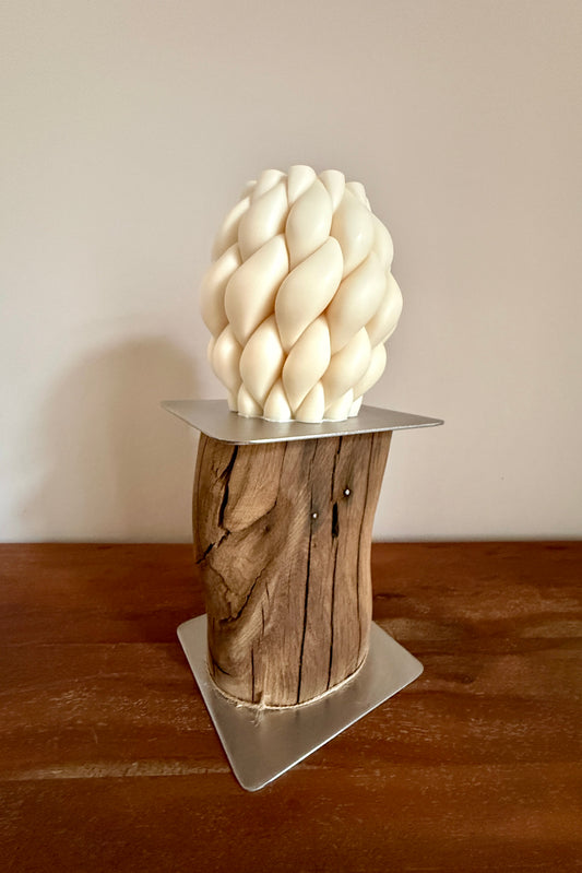 Holzstamm geschliffen mit Edelstahlplatte und Designkerze 1380