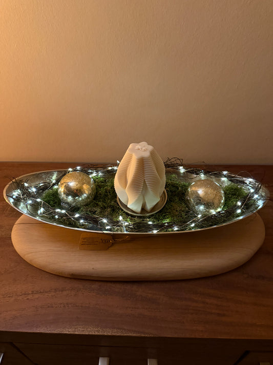 Dekoschale silber groß auf Holzstamm geschliffen mit Designkerze und weihnachtlicher Deko 1514