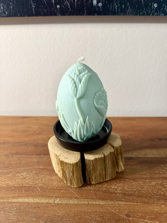 Kerzenständer aus Eichenholz gebürstet mit Kerze Osterei mit Tulpendekor groß - 1174