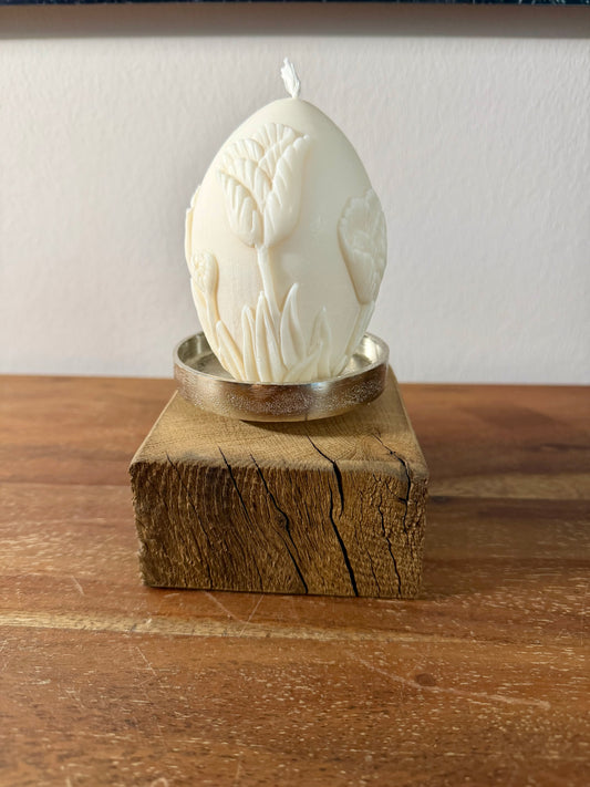 Kerzenständer aus Eichenholz gebürstet mit Kerze Osterei mit Tulpendekor groß - 0902