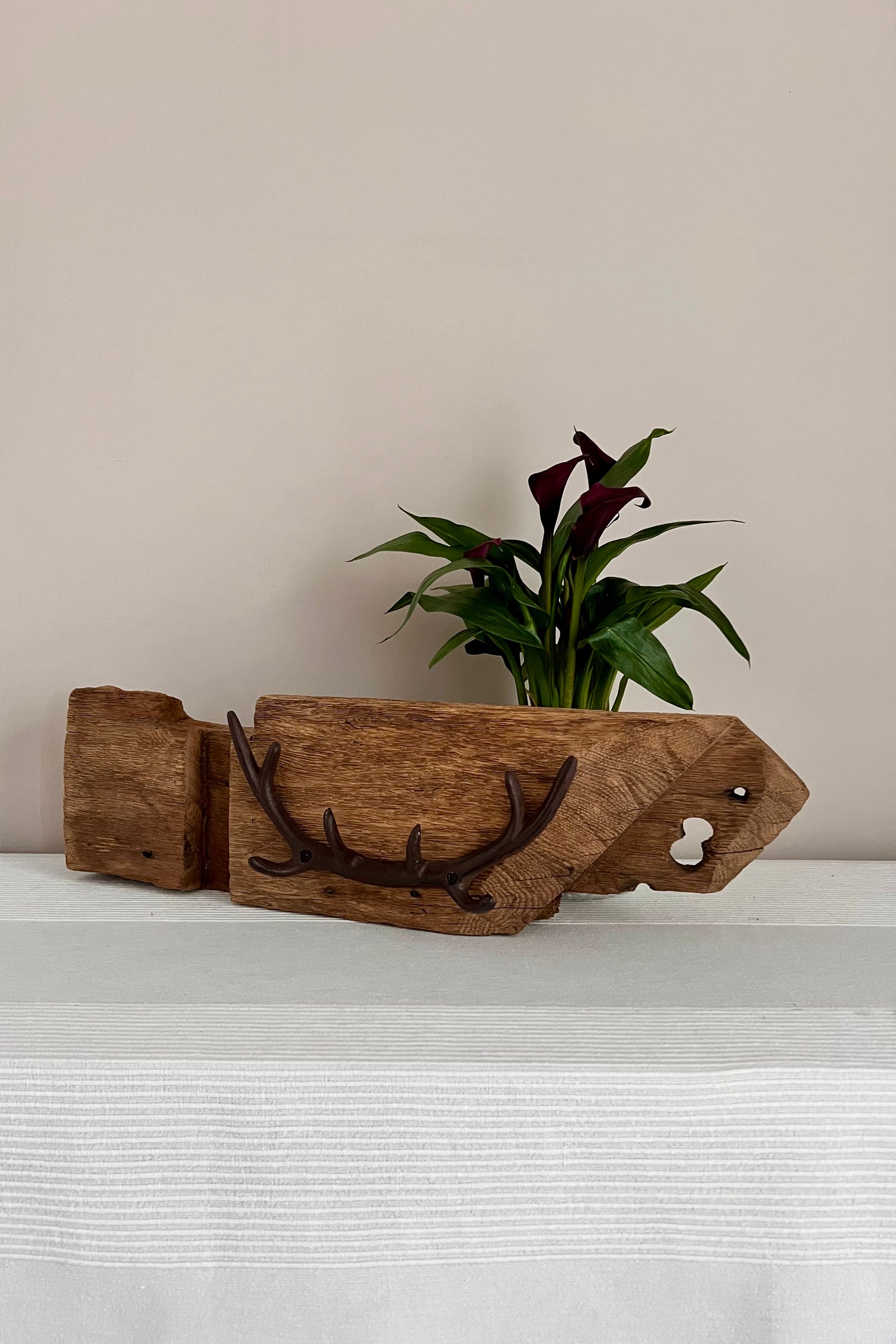 Garderobe aus Eichenholz mit Haken in Geweihform, Unikat Nr. 0473, Ansicht 1