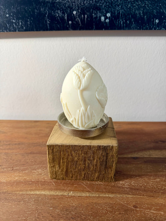 Kerzenständer aus Eichenholz gebürstet mit Kerze Osterei mit Tulpendekor groß - 0856