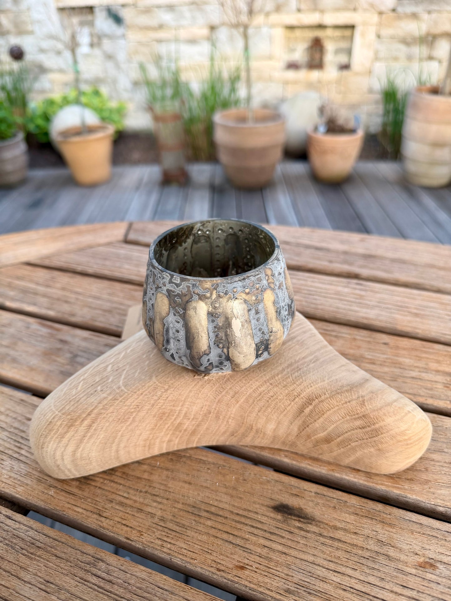 Windlicht aus Glas auf geschliffenem Eichenholz 1721