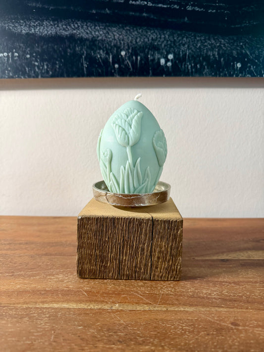 Kerzenständer aus Eichenholz gebürstet mit Kerze Osterei mit Tulpendekor groß - 0855