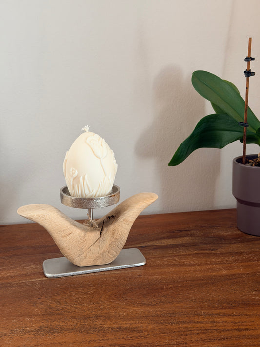 Kerzenständer Blume aus geschliffenem Eichenholz mit Designkerze - 1634