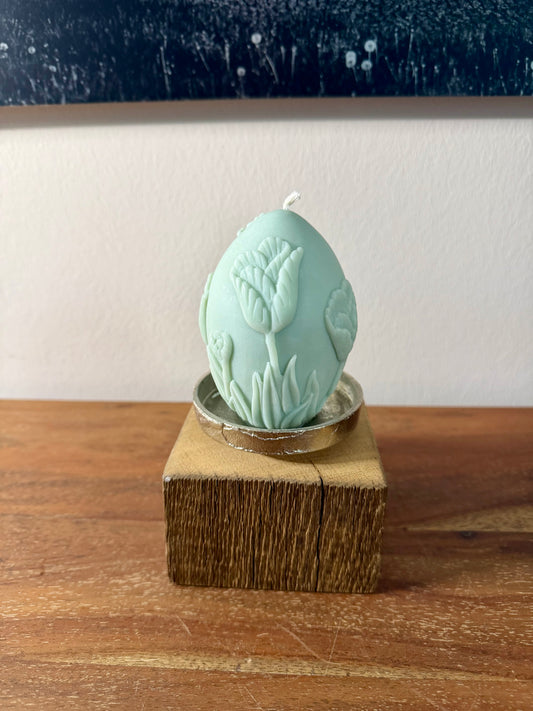 Kerzenständer aus Eichenholz gebürstet mit Kerze Osterei mit Tulpendekor groß - 0855