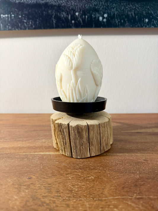 Kerzenständer aus Eichenholz gebürstet mit Kerze Osterei mit Tulpendekor groß - 1175